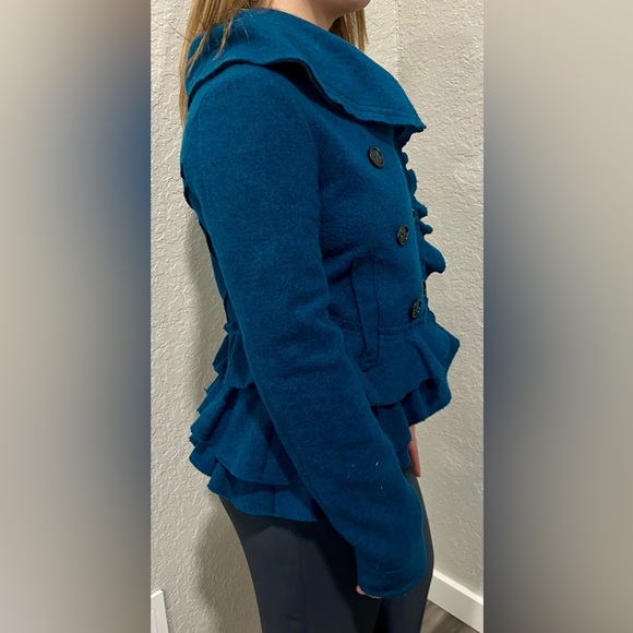 Elevenses anthropology Womens  Jacket with ruffle teal color  Size 6 - Picture 4 of 8